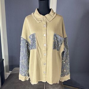 Women’s Beige & Sparkling Sequined Button-Up Shirt Jacket Shacket Size XL NEW